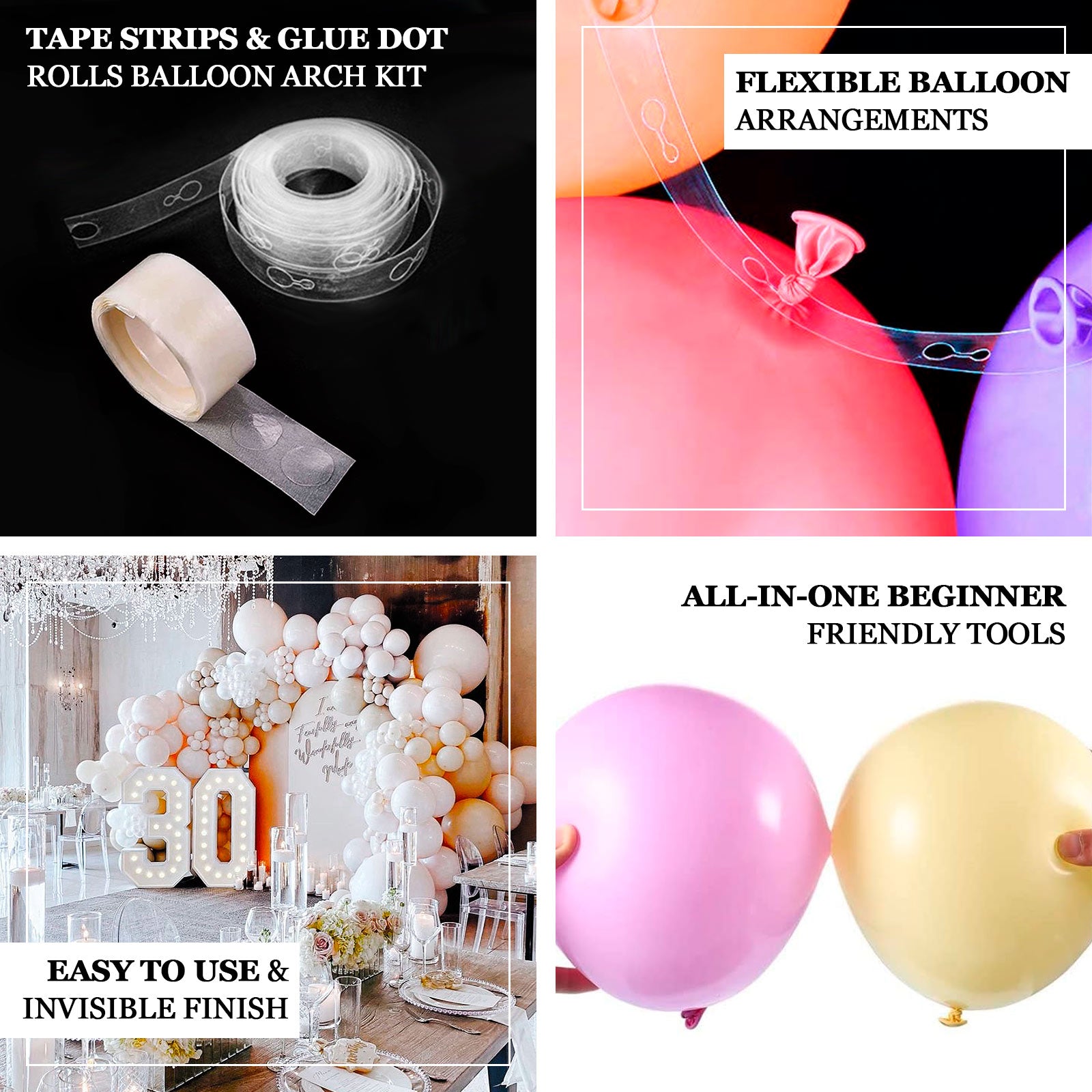 Clear balloon arch kit with tape strips and glue dots for party decorations.