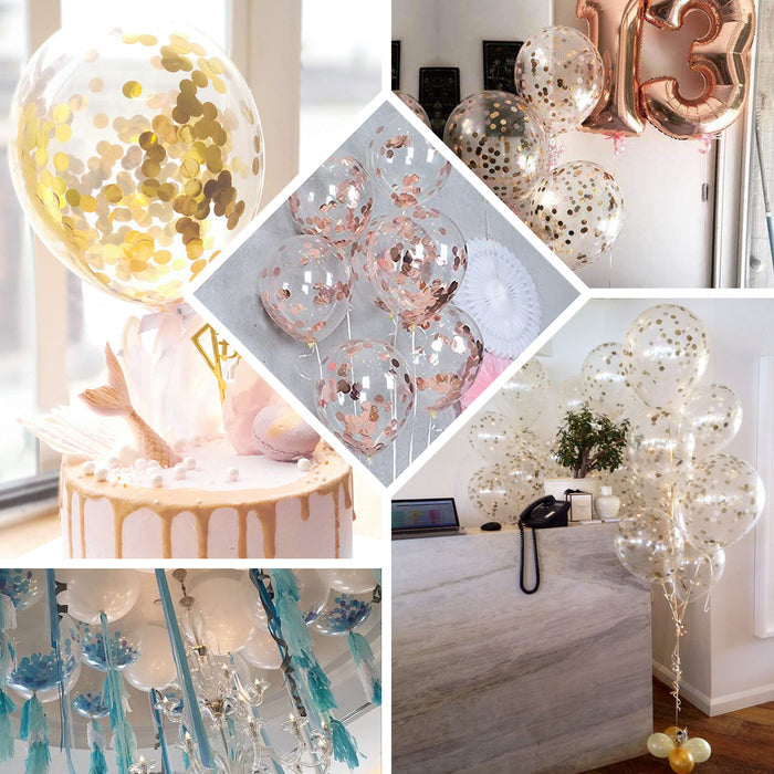 Clear/gold confetti filled latex balloons for festive celebrations.