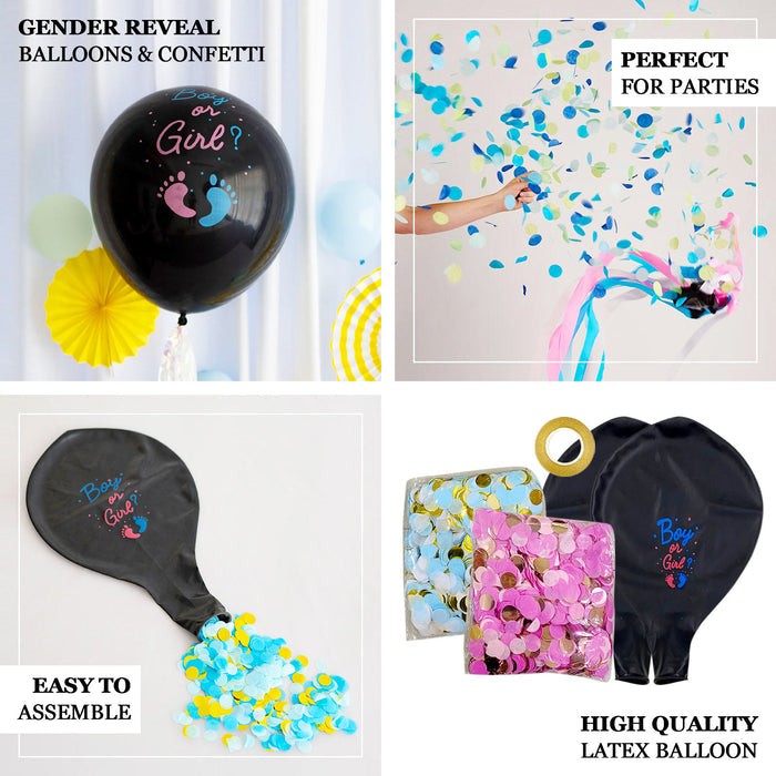 Black gender reveal balloon with pink confetti for boy or girl party.
