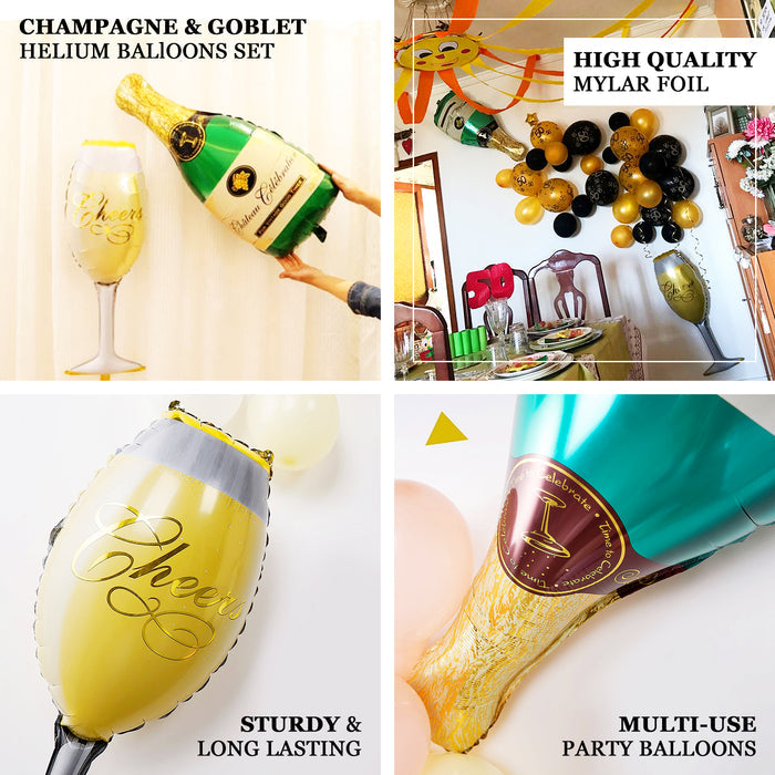 Champagne bottle and glass mylar foil balloons in gold and champagne colors.