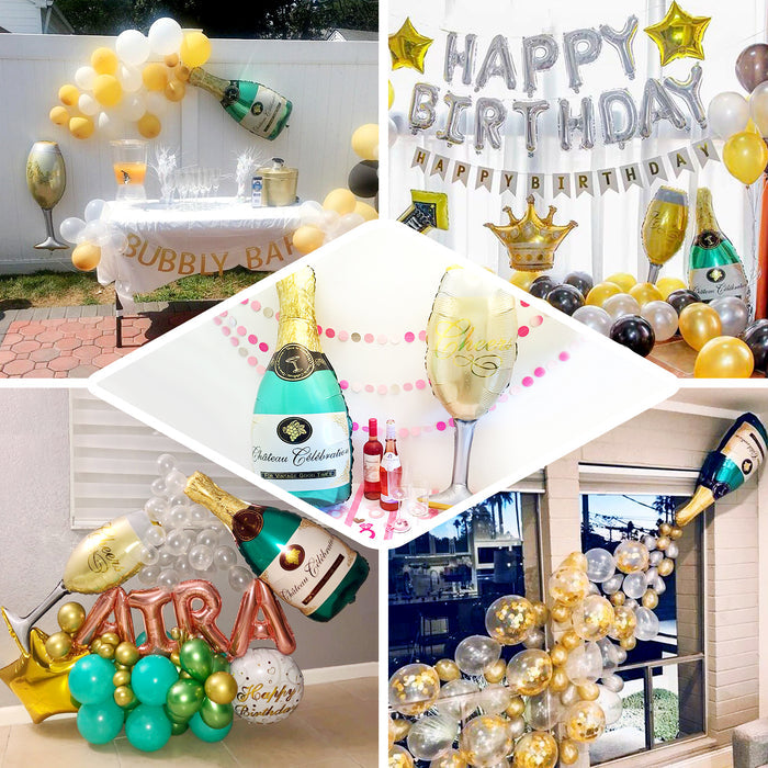 Champagne and gold balloons for a festive birthday celebration.