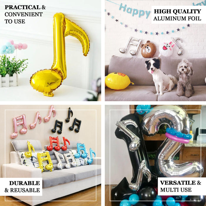 Rose gold music note mylar foil balloons in various sizes.