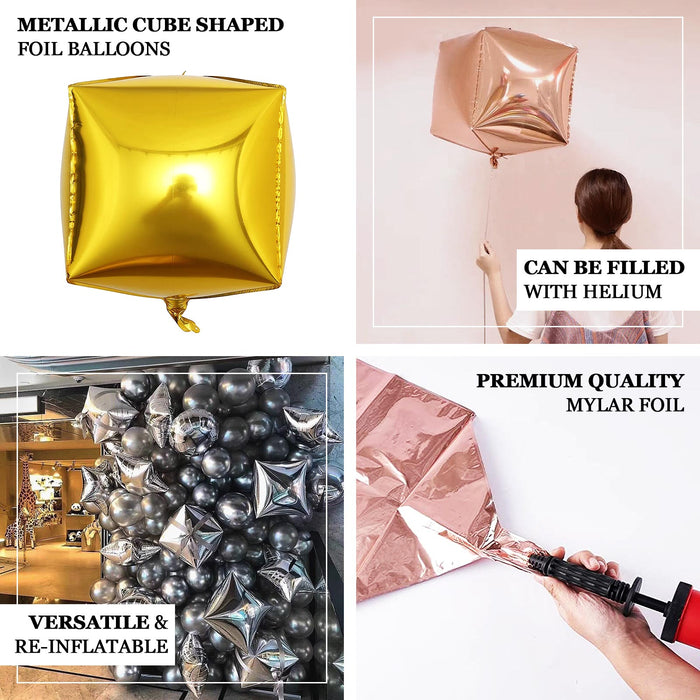 Rose gold 4D cube-shaped mylar foil helium balloons.
