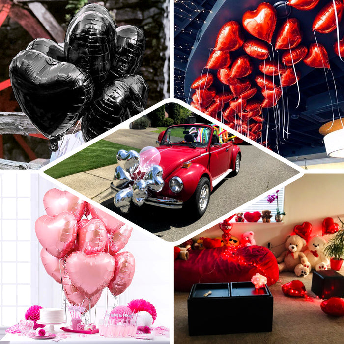 Shiny pink heart mylar foil balloons in a festive display.