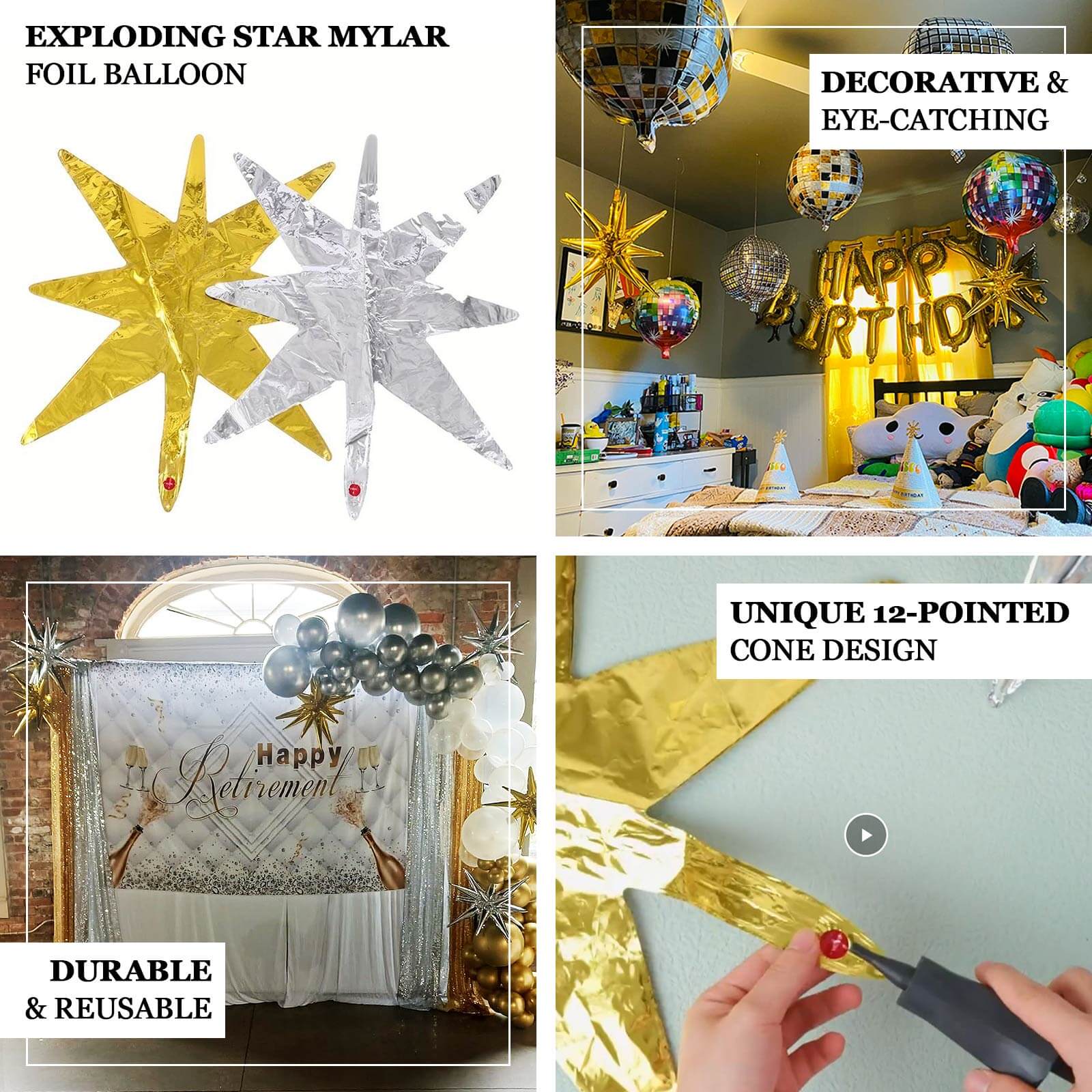5 Pack Metallic Gold 14-Point Starburst Mylar Foil Balloons, 22" Fireworks Star Explosion Party Balloons