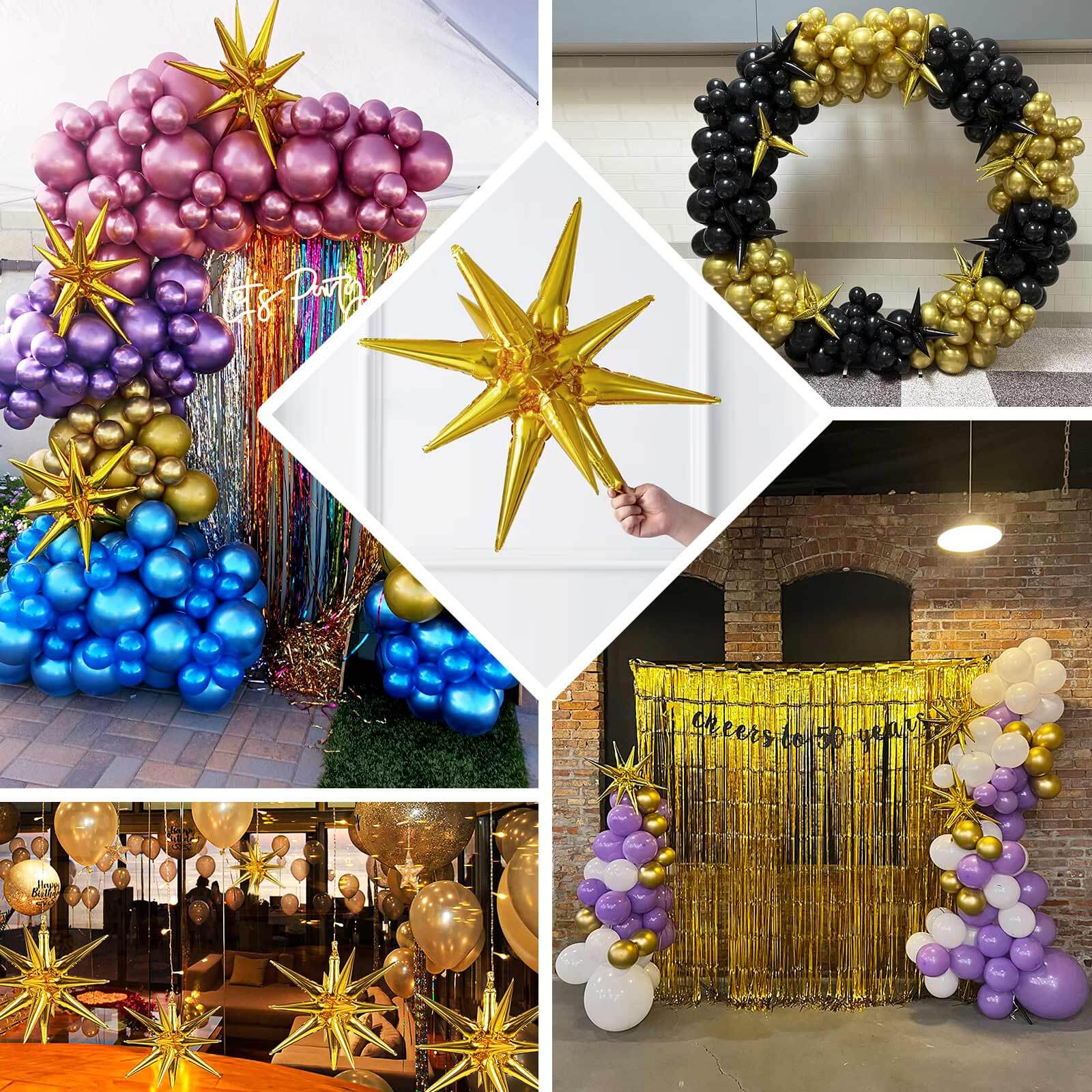 5 Pack Metallic Gold 14-Point Starburst Mylar Foil Balloons, 22" Fireworks Star Explosion Party Balloons