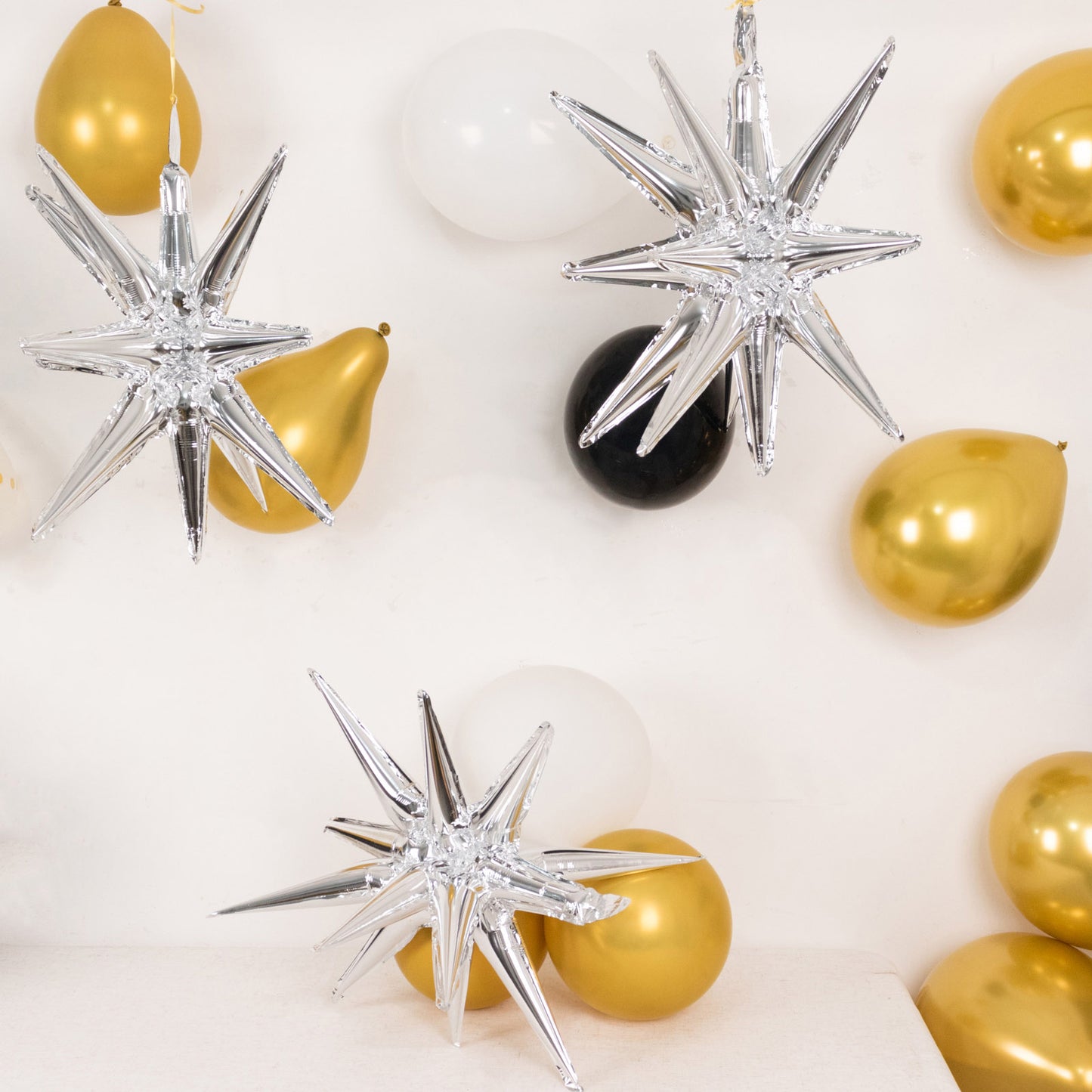 5 Pack Metallic Silver 14-Point Starburst Mylar Foil Balloons, 22" Fireworks Star Explosion Party Balloons