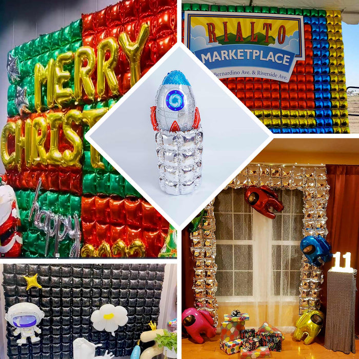 10 Pack Metallic Silver Double Row Mylar Foil Balloon Backdrop, Square Diamond Design Balloon Wall - 43"x11"