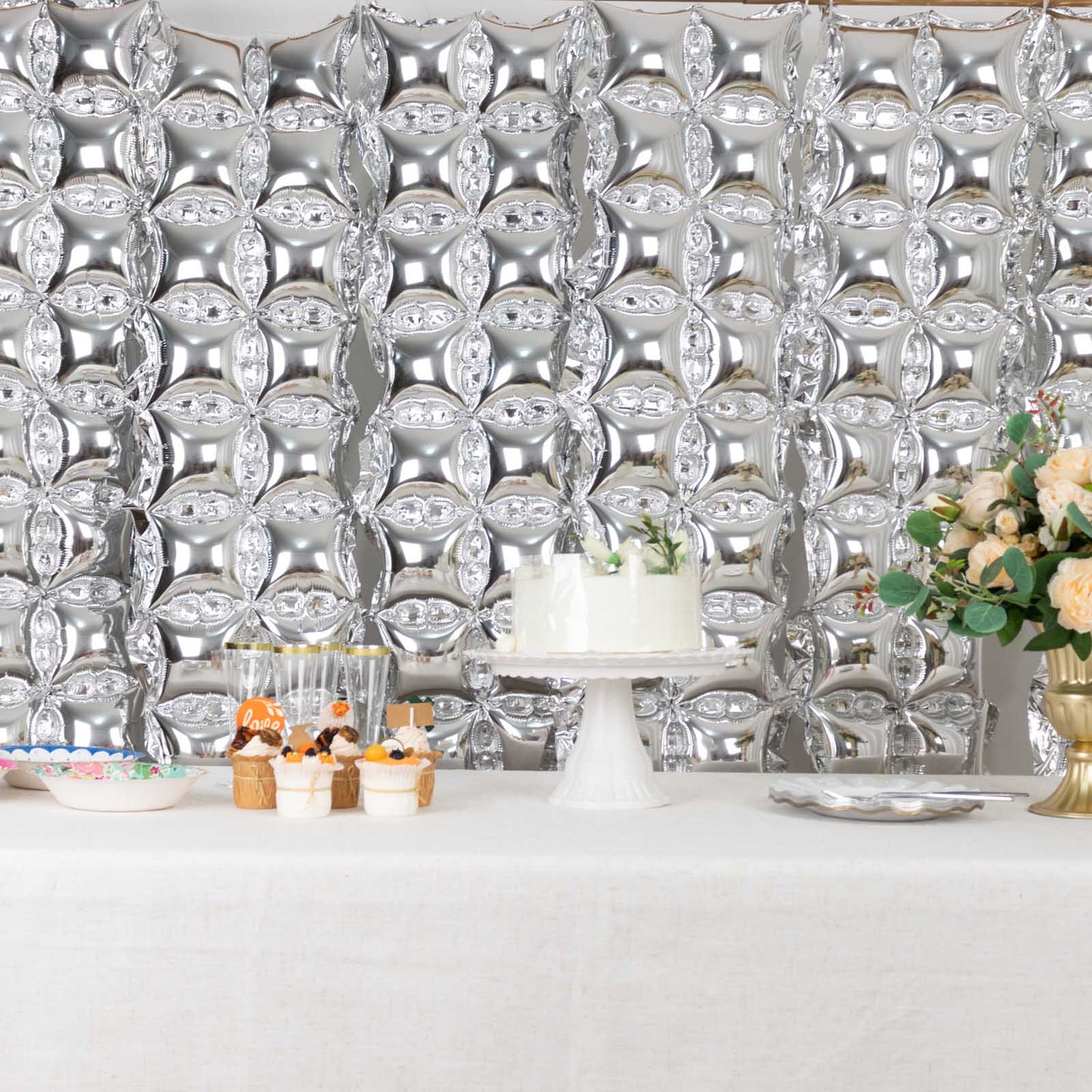 10 Pack Metallic Silver Double Row Mylar Foil Balloon Backdrop, Square Diamond Design Balloon Wall - 43"x11"