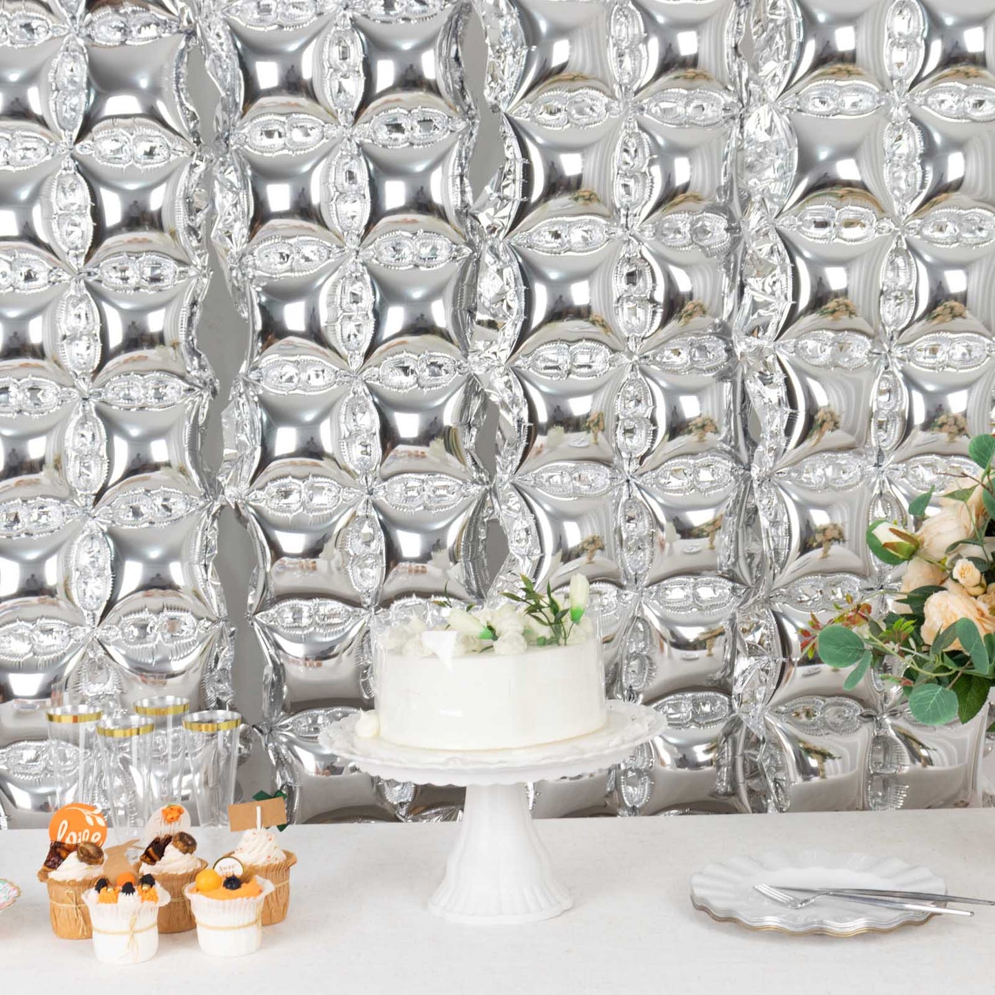 10 Pack Metallic Silver Double Row Mylar Foil Balloon Backdrop, Square Diamond Design Balloon Wall - 43"x11"