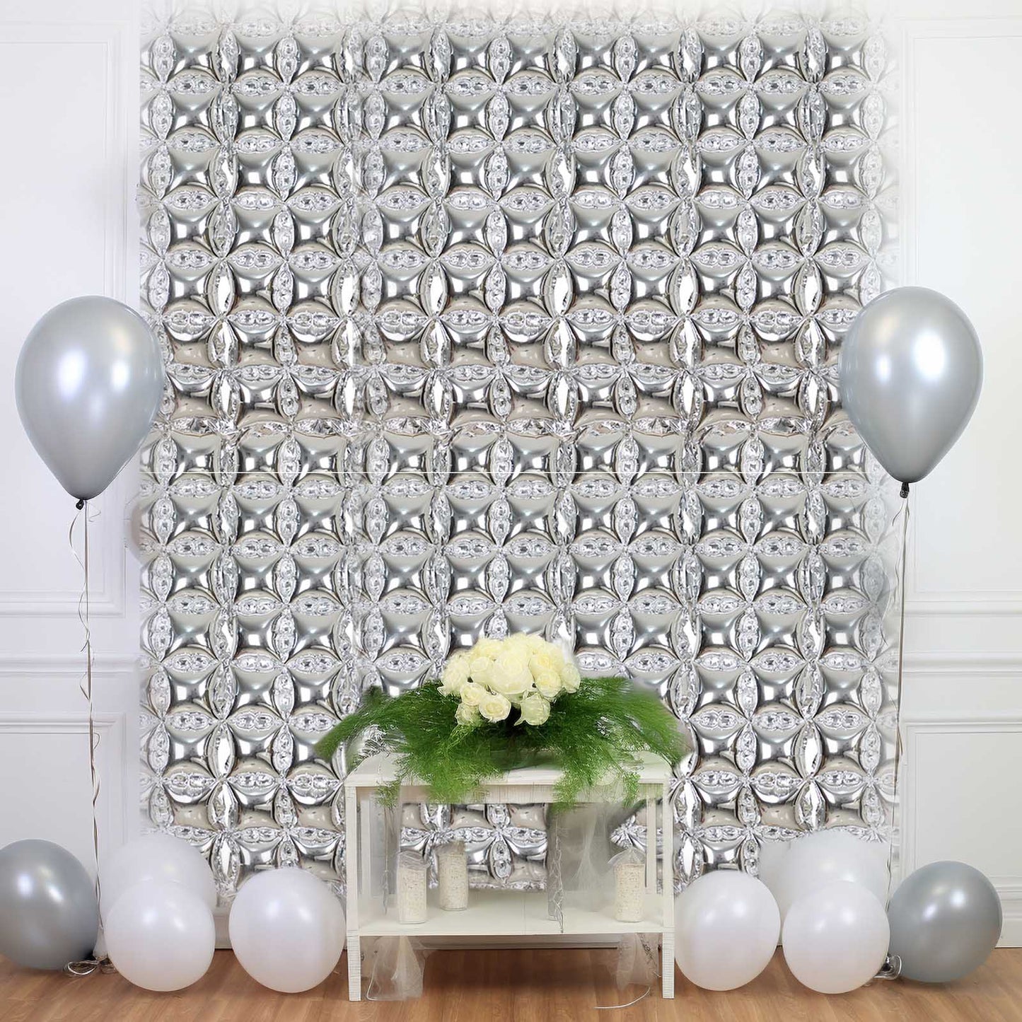 10 Pack Metallic Silver Double Row Mylar Foil Balloon Backdrop, Square Diamond Design Balloon Wall - 43"x11"