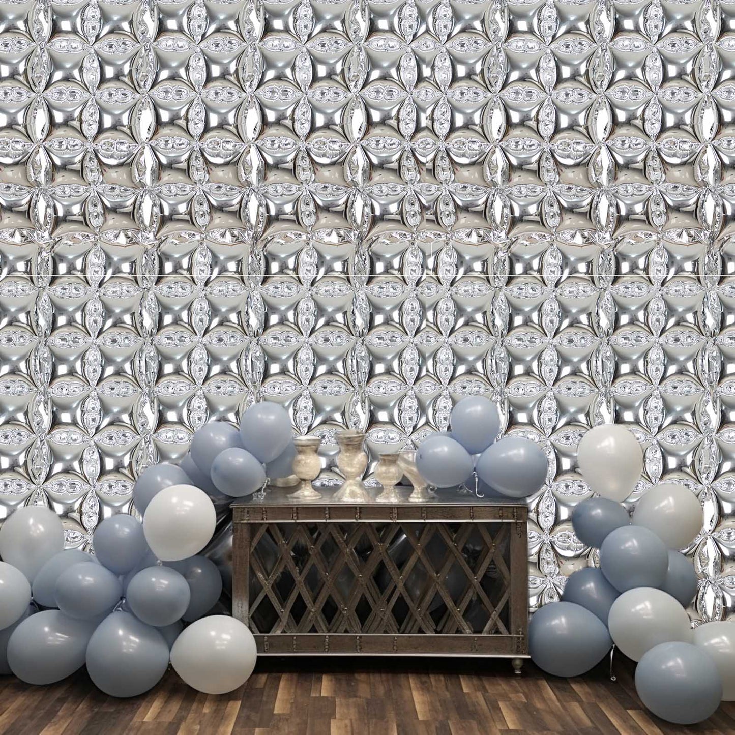 10 Pack Metallic Silver Double Row Mylar Foil Balloon Backdrop, Square Diamond Design Balloon Wall - 43"x11"
