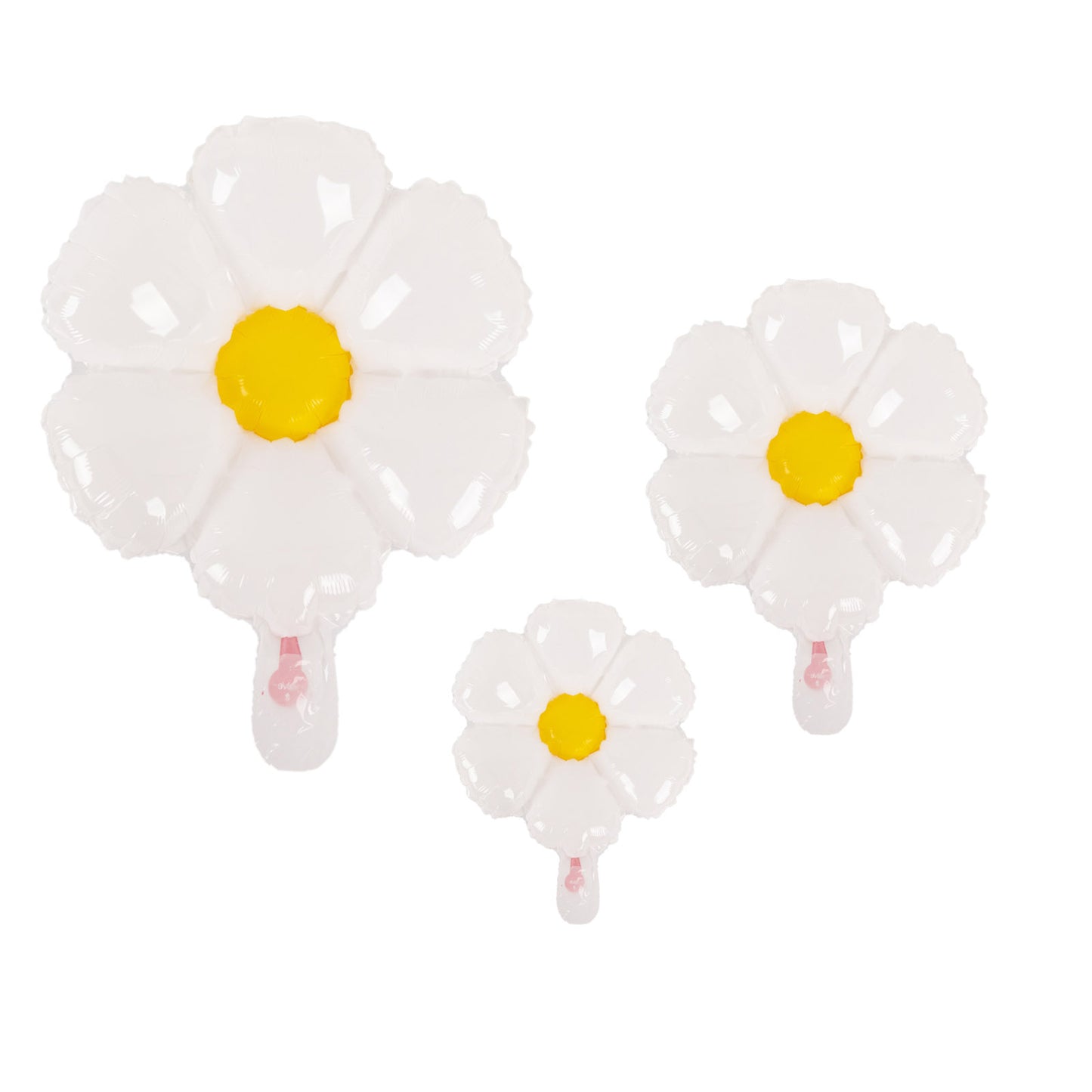 Set of 10 white daisy flower-shaped mylar foil balloons in assorted sizes.