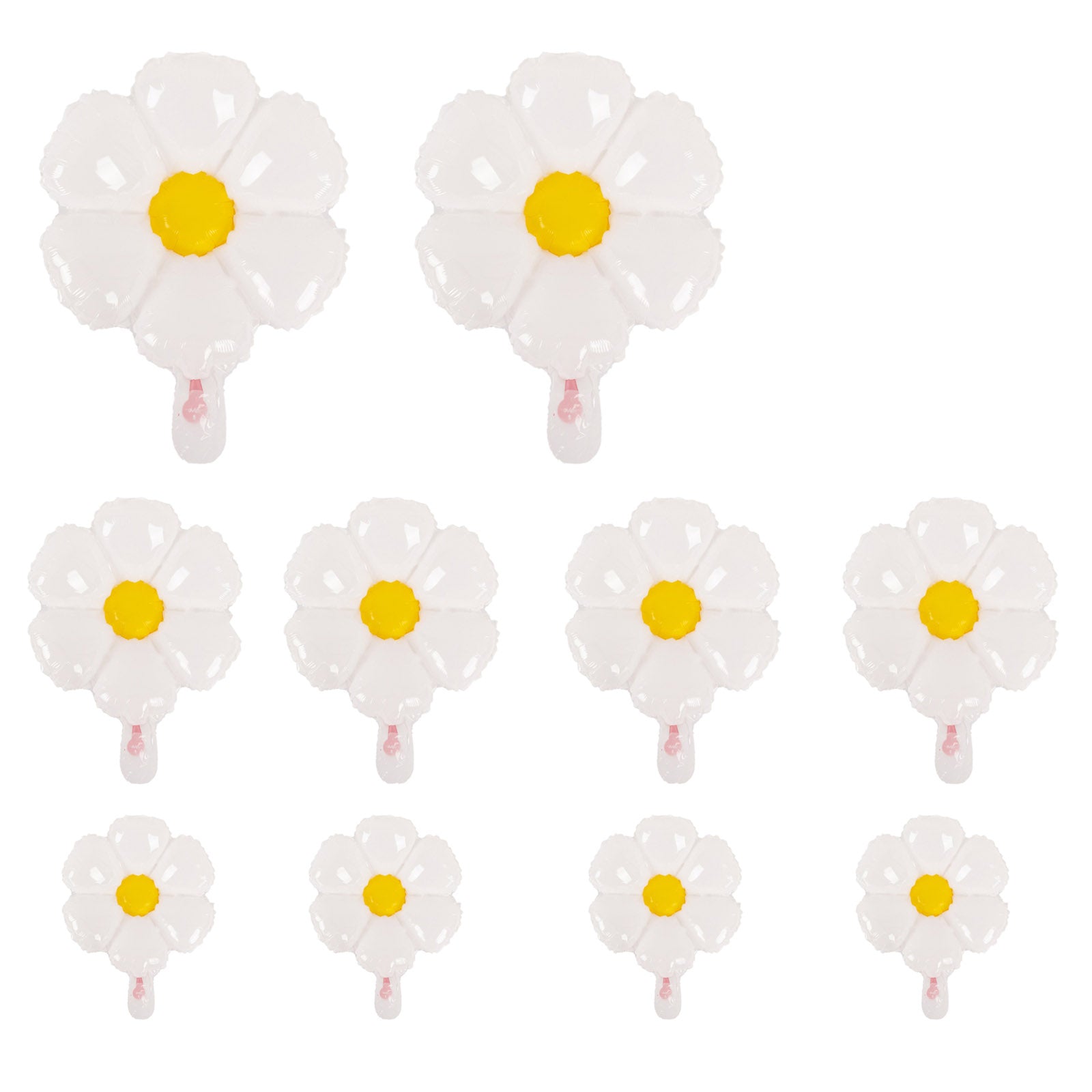 White daisy flower-shaped mylar foil balloons in assorted sizes.