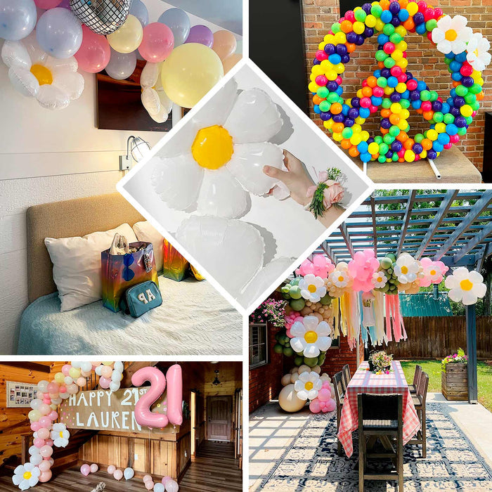 White daisy flower-shaped mylar foil balloons in assorted sizes for party decorations.