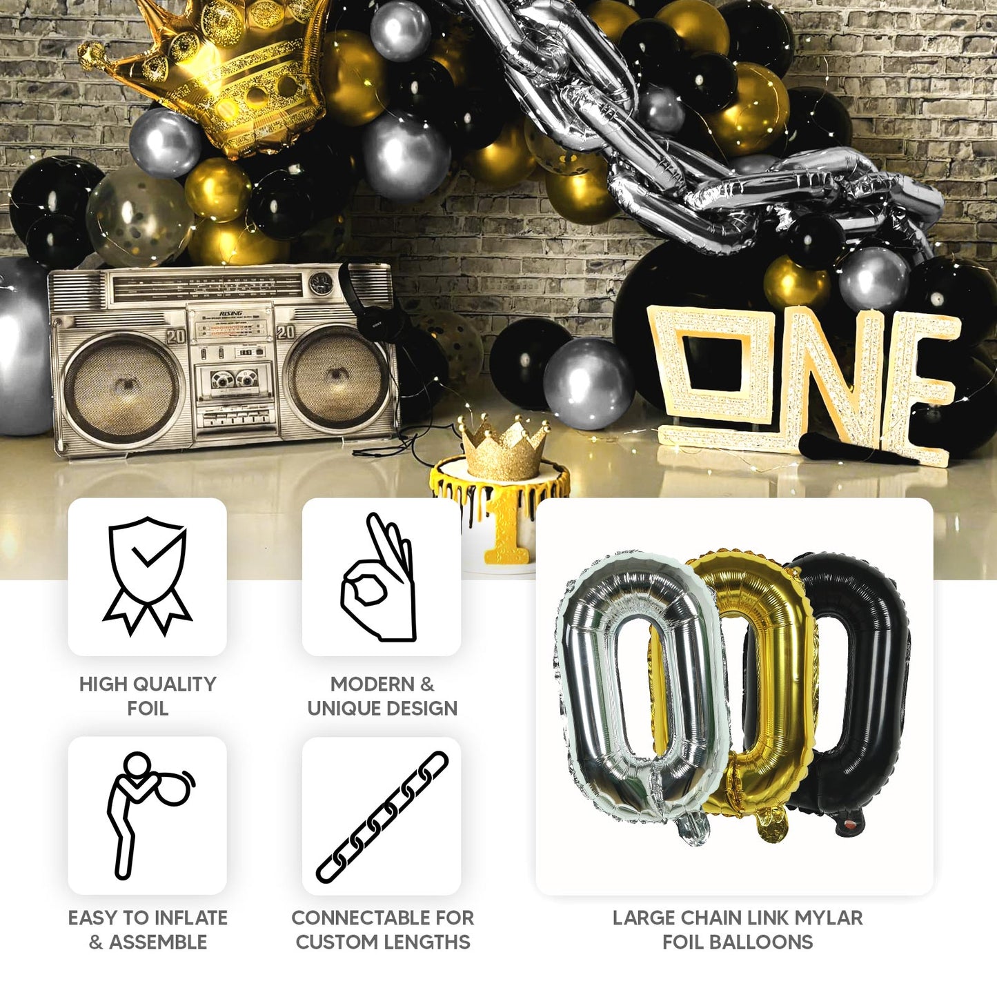 16ft Jumbo Chain Link Balloons, 30pack 8x12" Durable Foil Chain Balloons for 90s Hip Hop Party Decorations, Event Decor