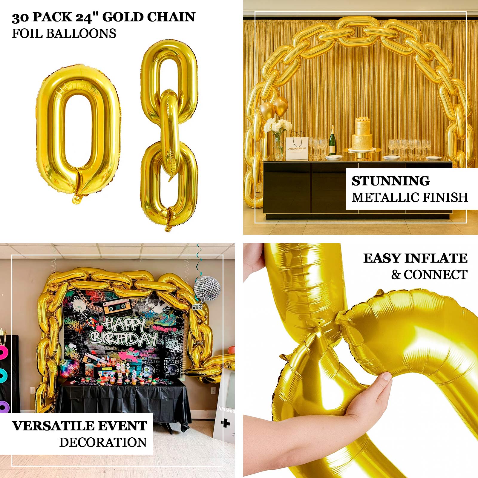 30-Pack 24" gold chain foil balloons for versatile event decoration.