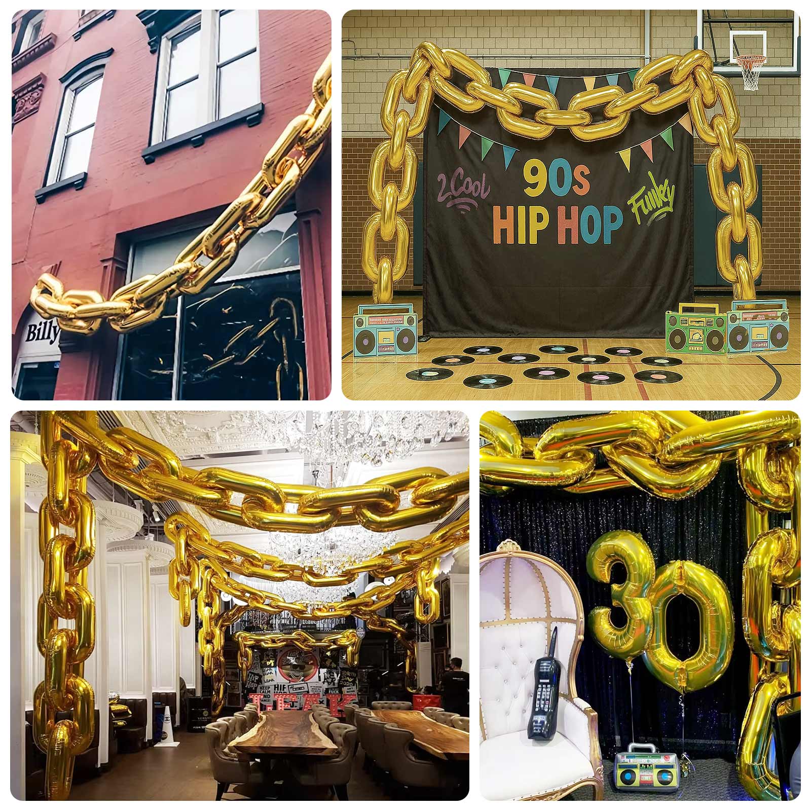 30-Pack 24" black chain foil balloons for 90s hip hop party decorations.