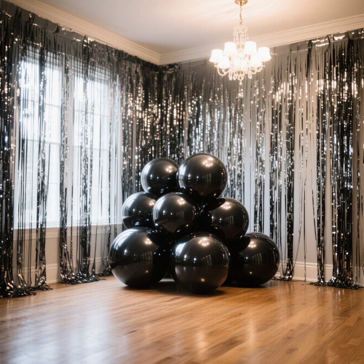 4-Pack 32" metallic black sphere balloons stacked in a festive party setting.