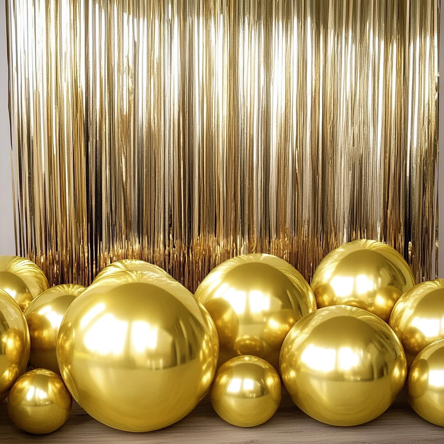 Metallic gold sphere balloons for parties, helium or air-filled.