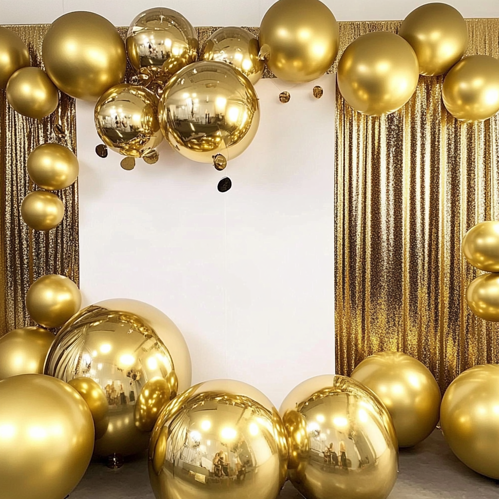 Metallic gold sphere balloons for festive party decorations.