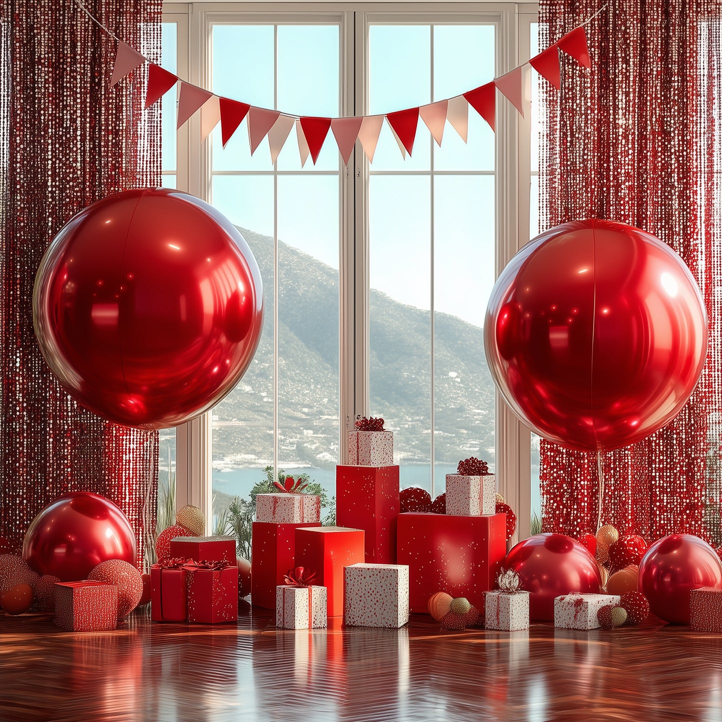 Metallic red sphere balloons in a festive indoor setting.