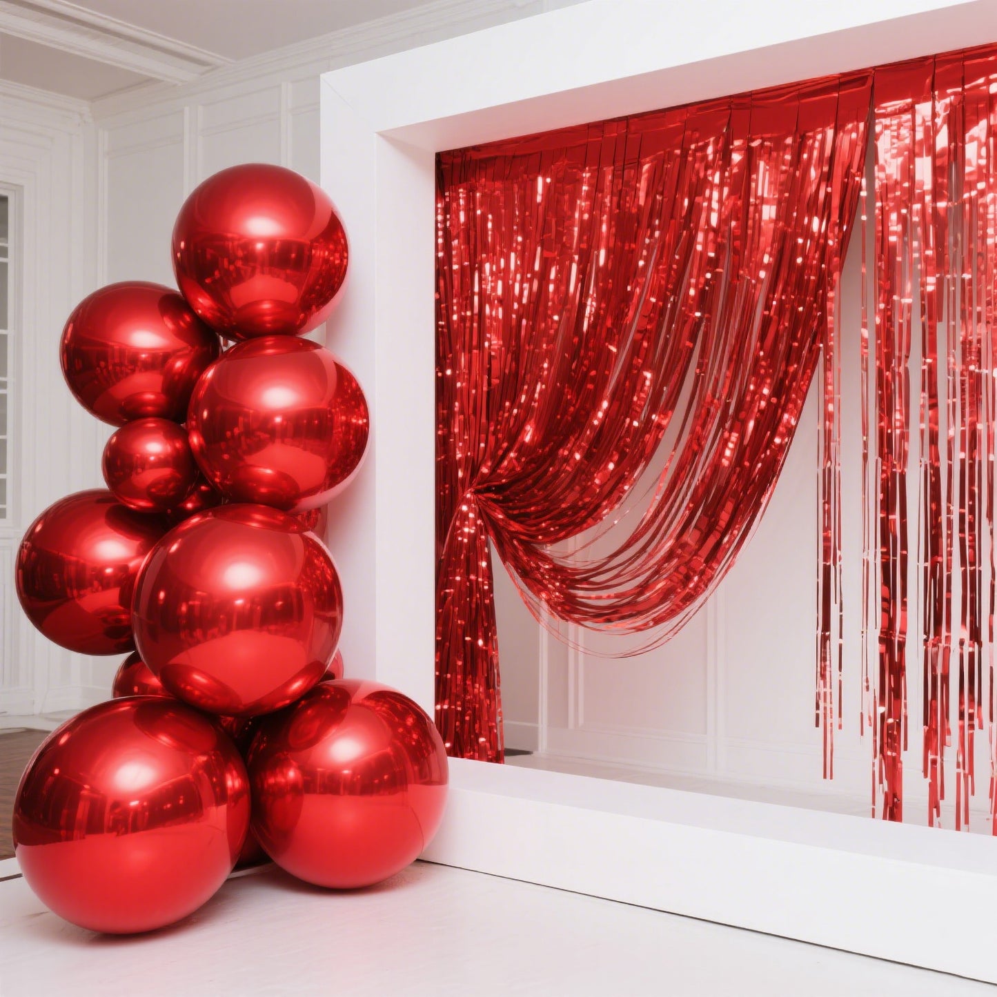 Metallic red sphere balloons stacked in a festive setting.