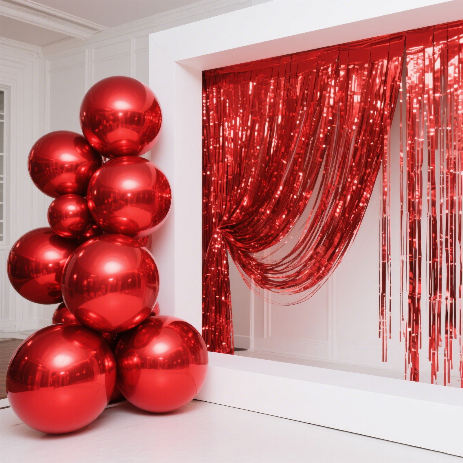 Metallic red sphere balloons stacked in a festive setting.