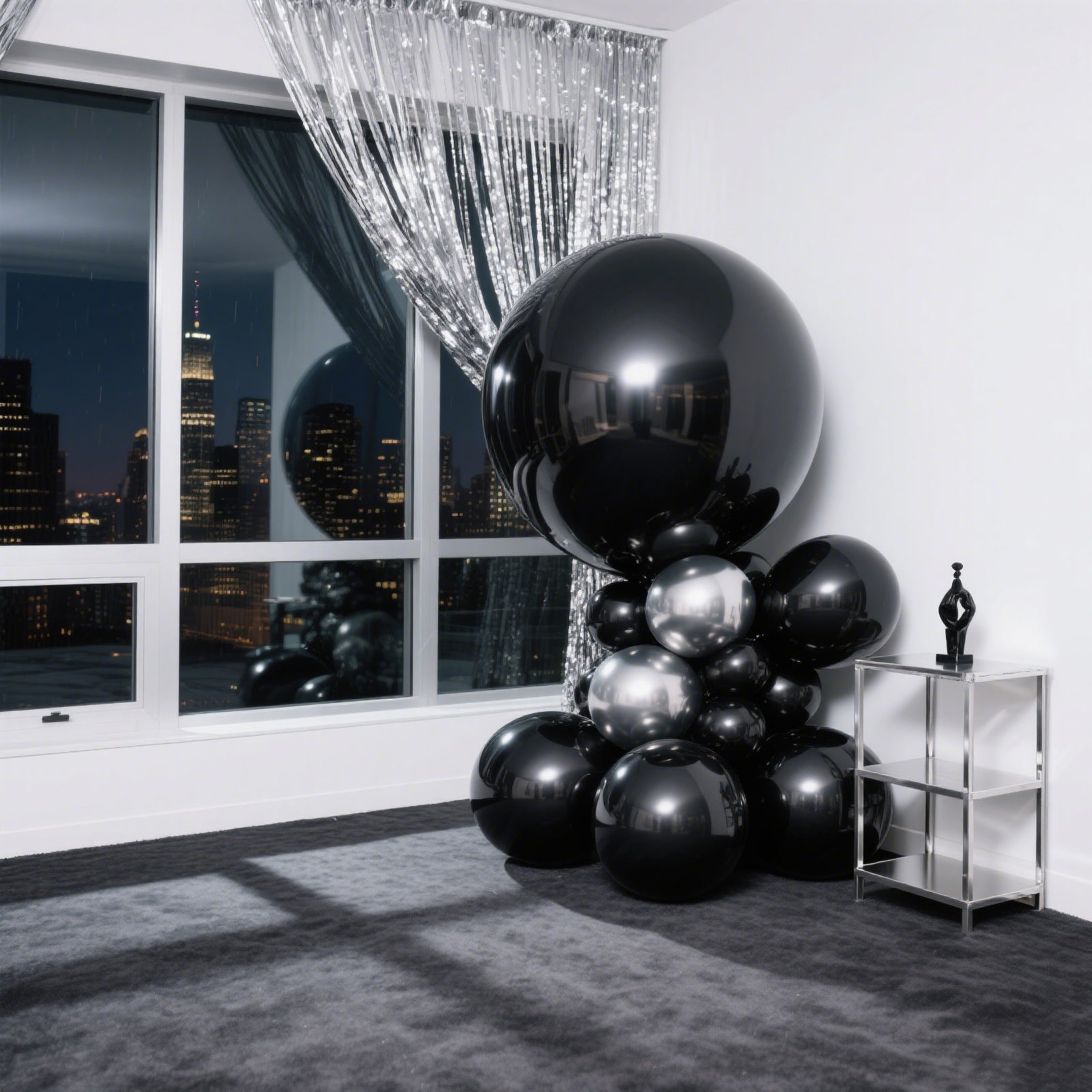 Metallic black sphere balloons in a stylish party setting.