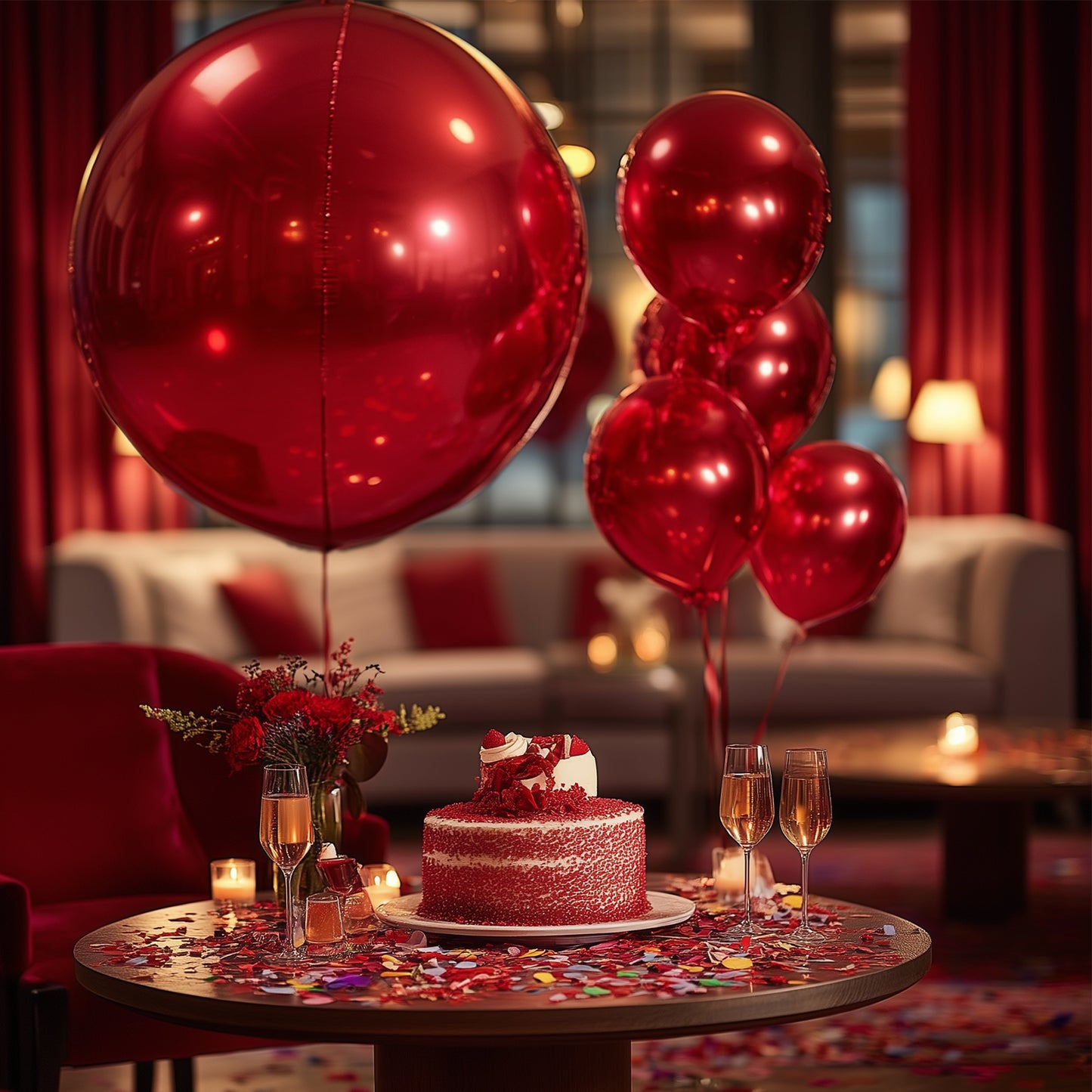 Metallic red sphere balloons, 39" Mylar, perfect for party decorations.