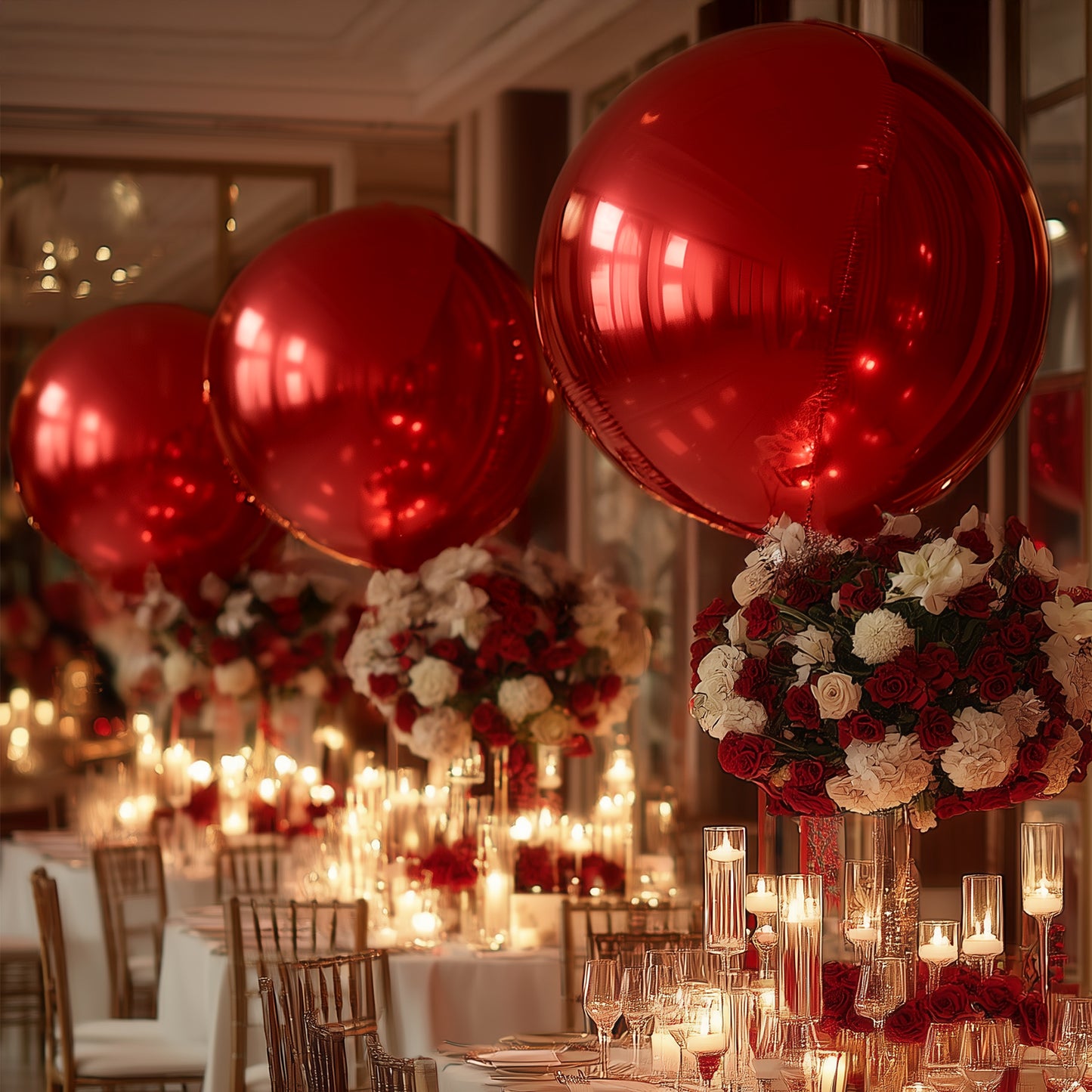 Metallic red 39" sphere balloons for elegant party decor.