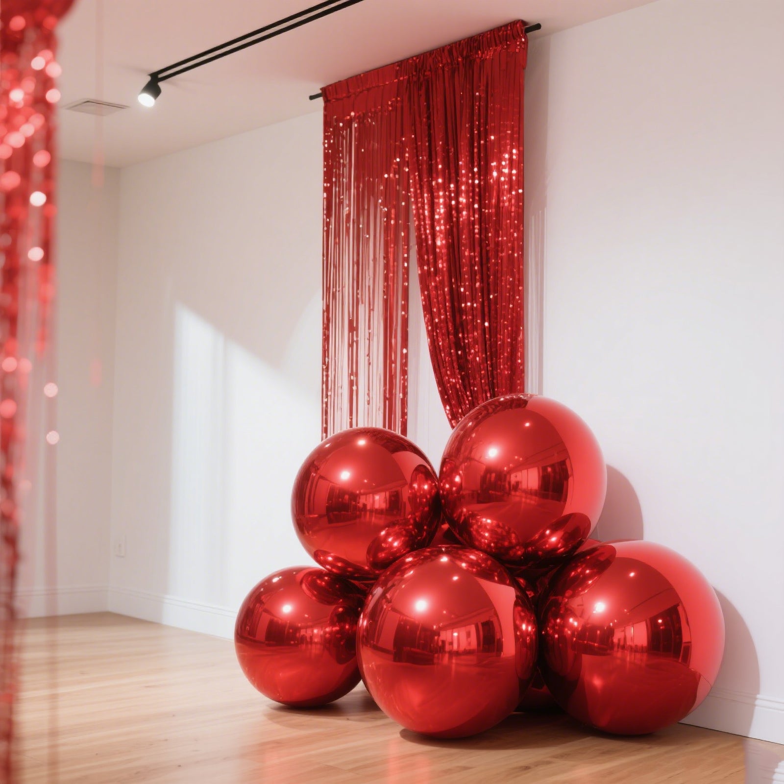 Metallic red sphere balloons stacked in a festive setting.