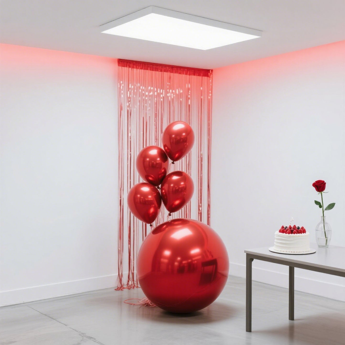 Metallic red sphere balloons in a party setting with decor.