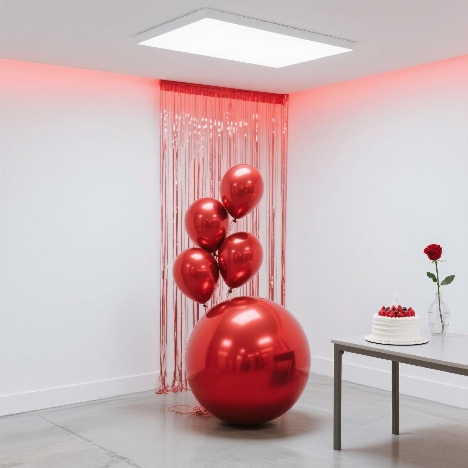 Metallic red sphere balloons in a party setting with decor.