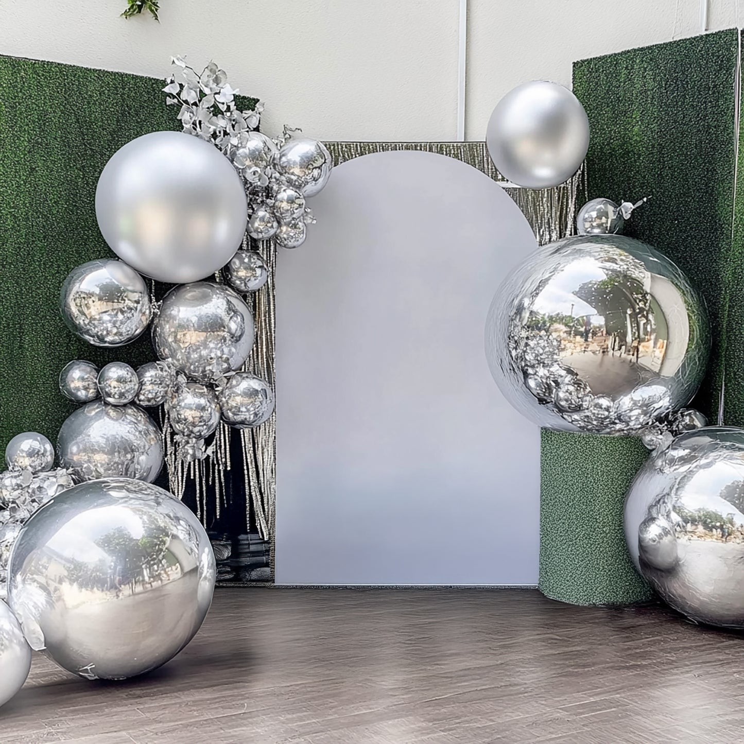 Metallic silver orbz balloons for party decorations.