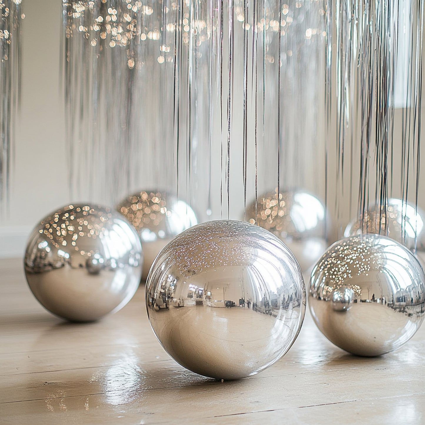 Metallic silver 39" sphere balloons for party decorations.