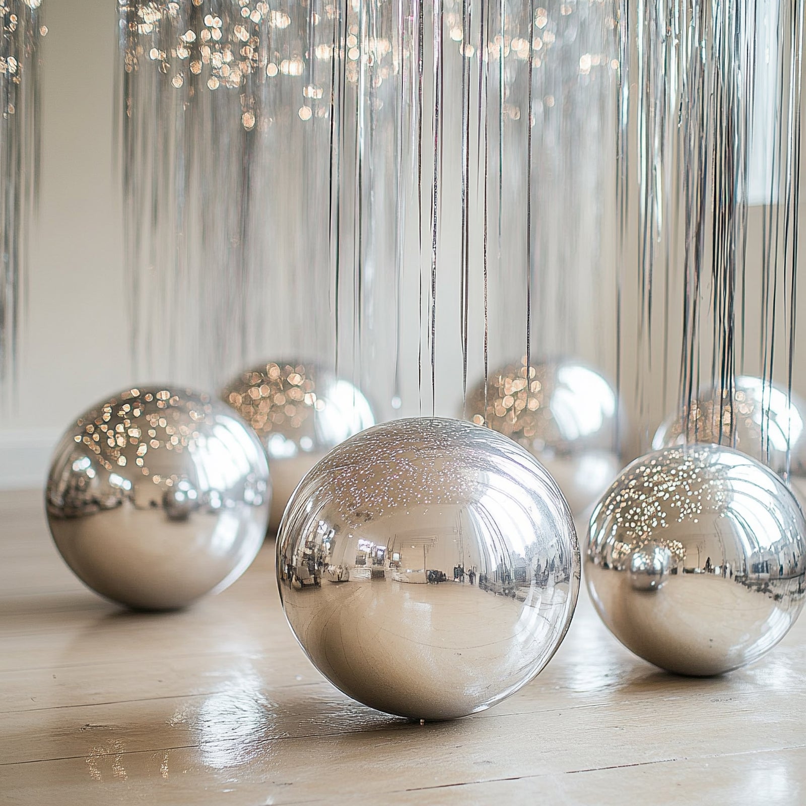 Metallic silver 39" sphere balloons for party decorations.