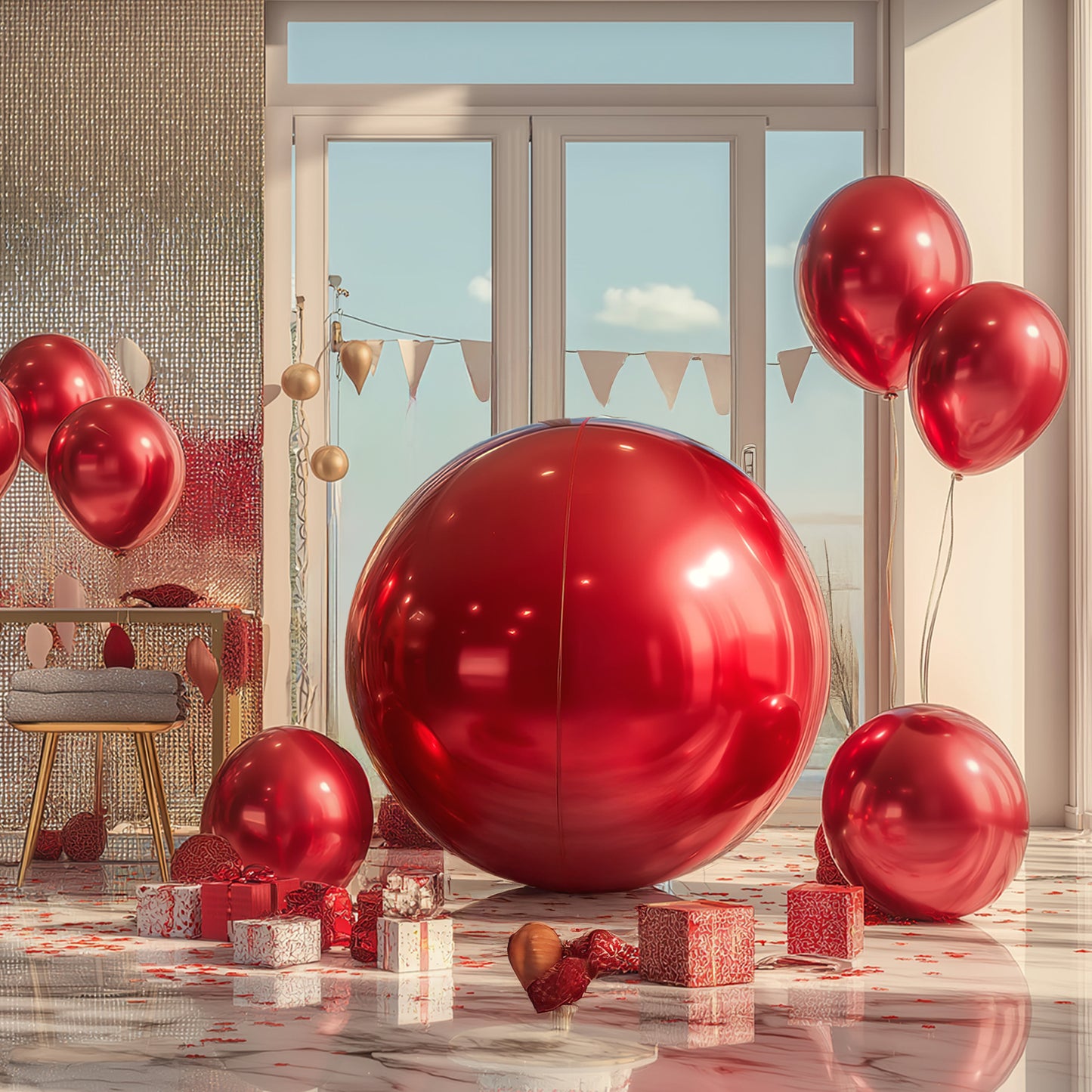 Metallic red sphere balloons in a festive party setting.