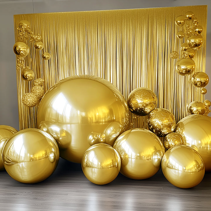Metallic gold sphere balloons for festive celebrations.