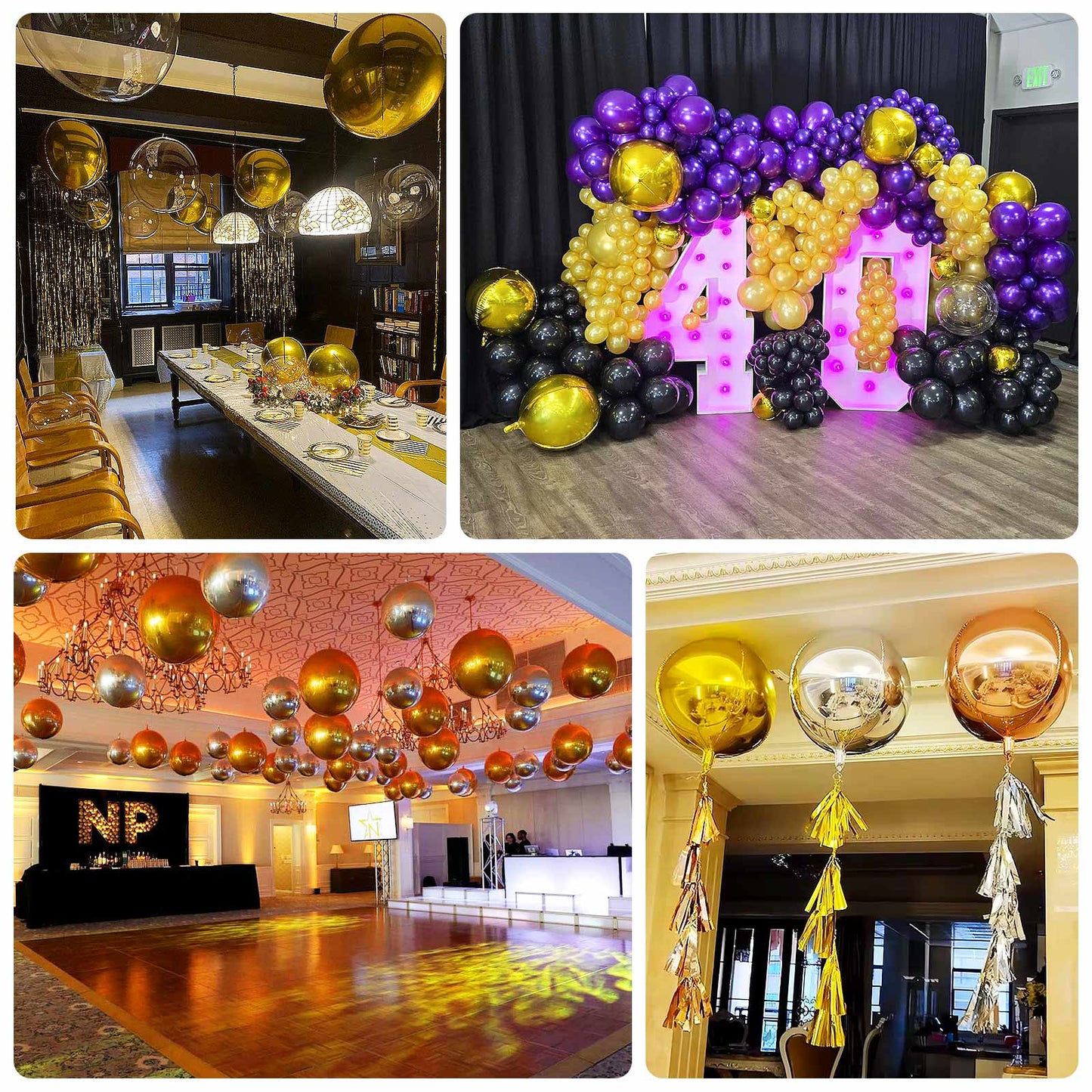 Metallic gold sphere balloons for festive party decor.