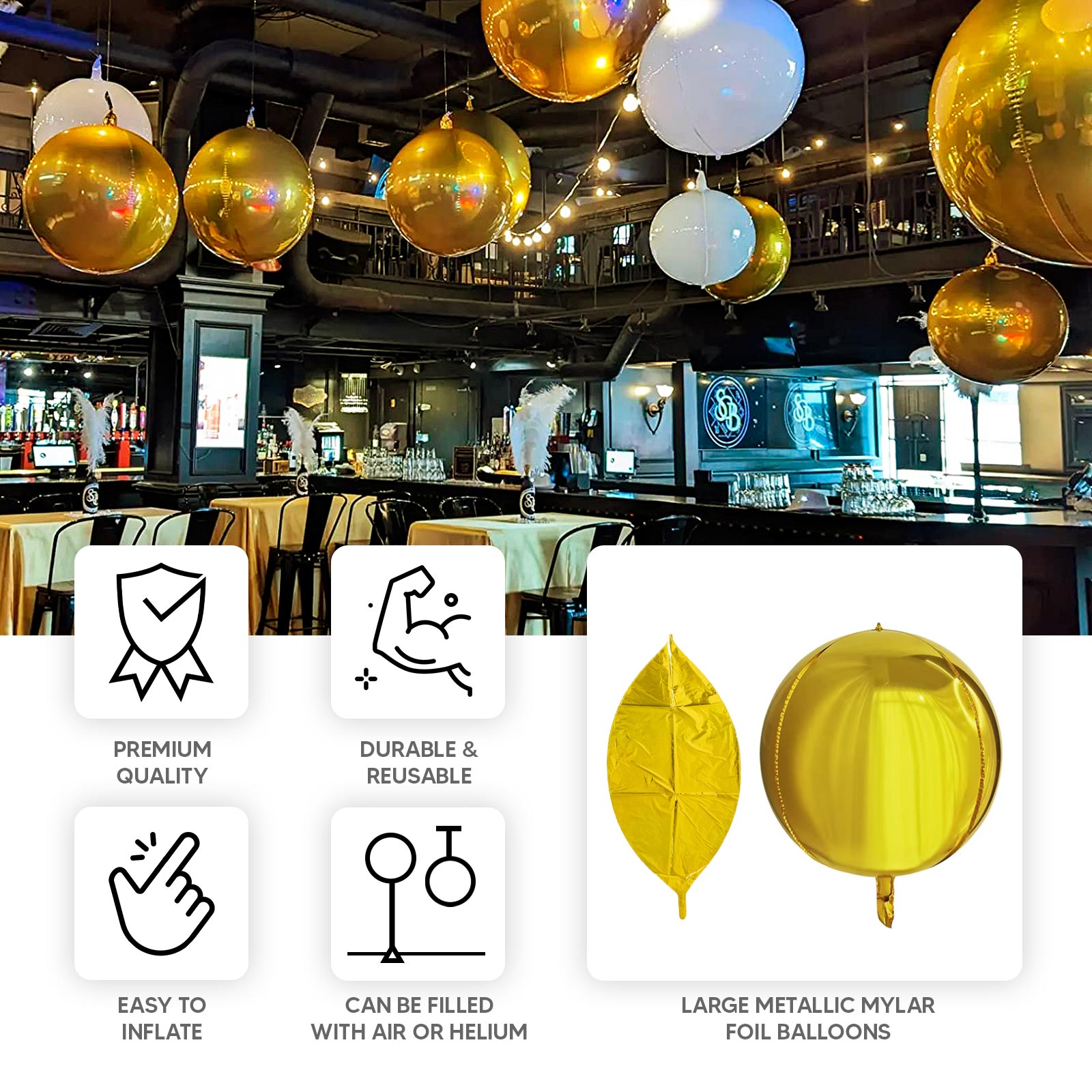 Metallic gold sphere balloons for festive party decorations.