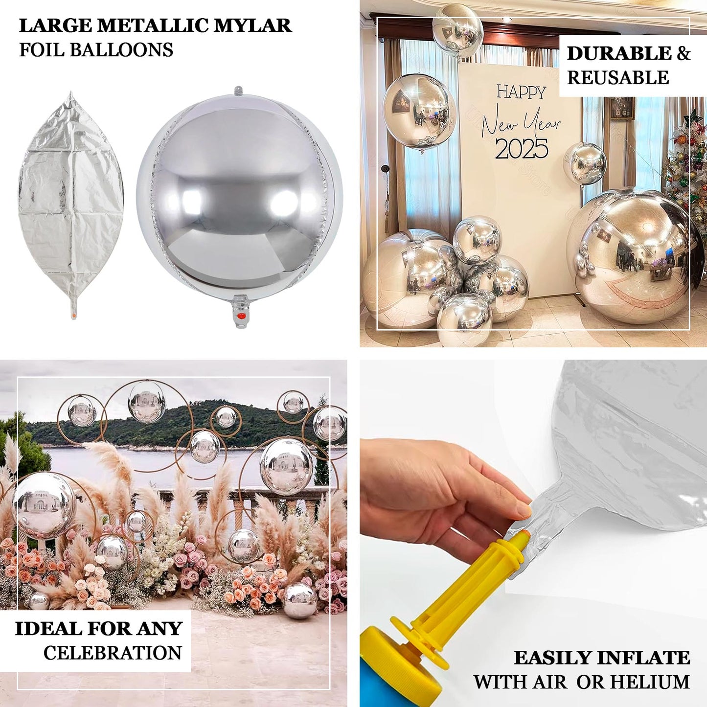 32" Metallic Silver Orbz Mylar Balloons for parties, helium or air-filled.