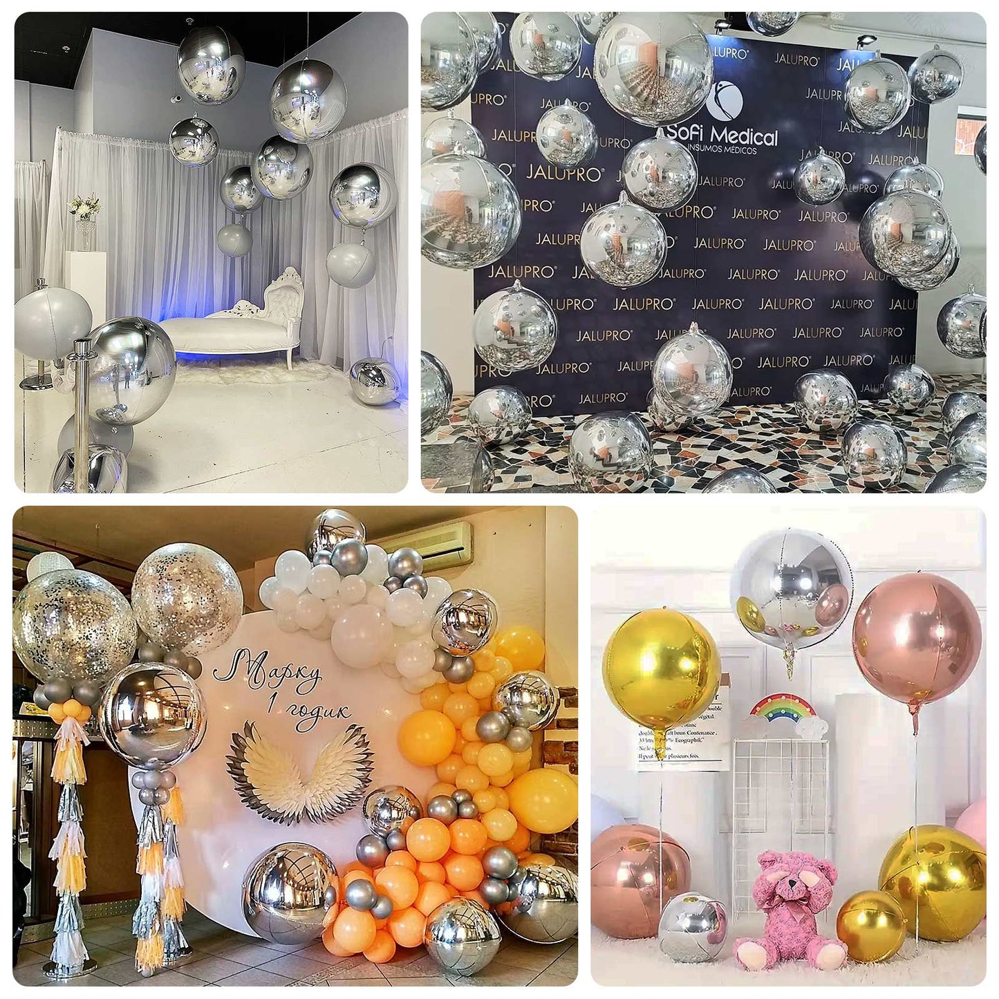 Metallic silver sphere balloons for party decor, helium or air-filled.