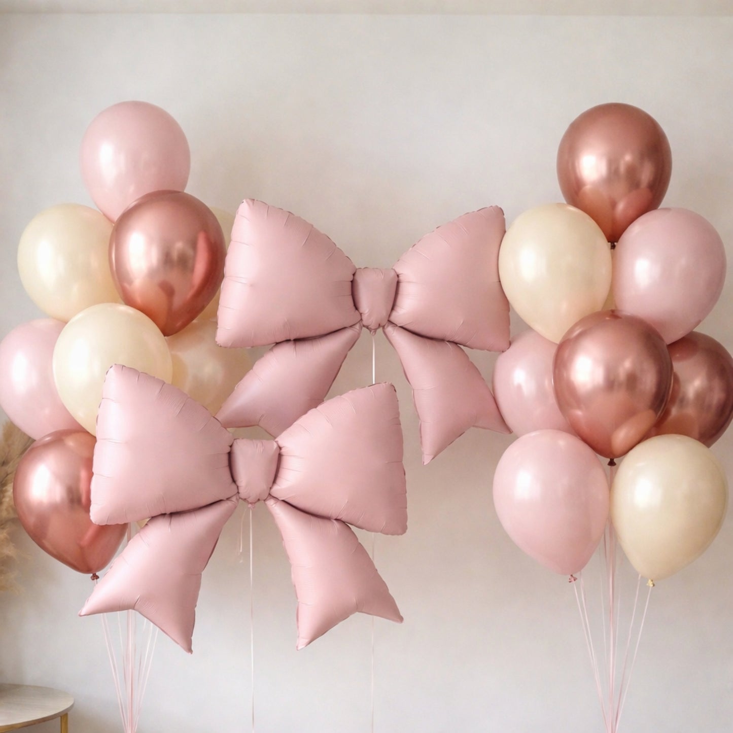 Matte blush foil bow balloons for party decor and photo booths.