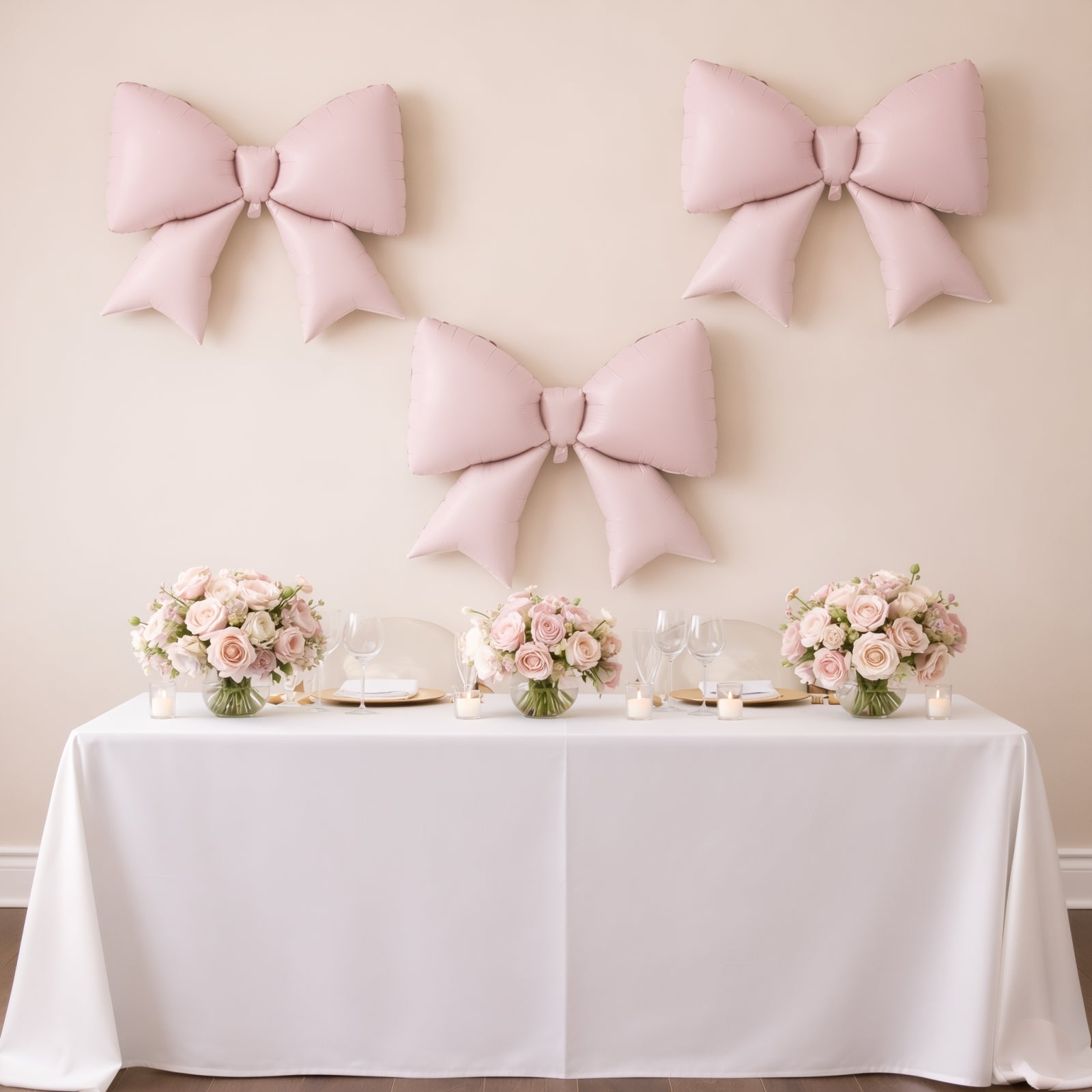 Matte blush giant decorative foil bow balloons on a party backdrop.