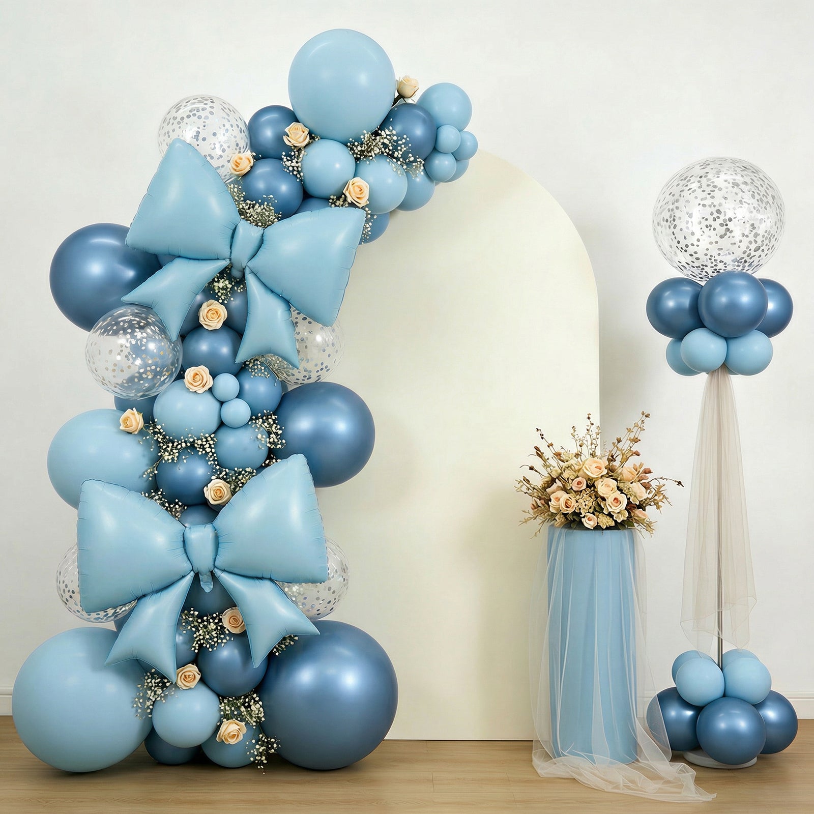 Matte light blue giant decorative foil bow balloons for event styling.