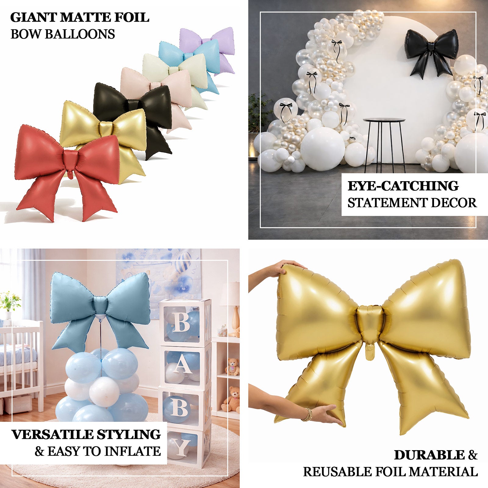 Matte black giant decorative foil bow balloons for party styling and photo booths.