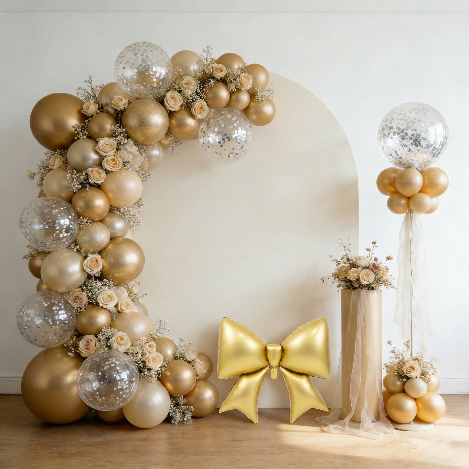 Matte gold giant foil bow balloons for party backdrop and event styling.