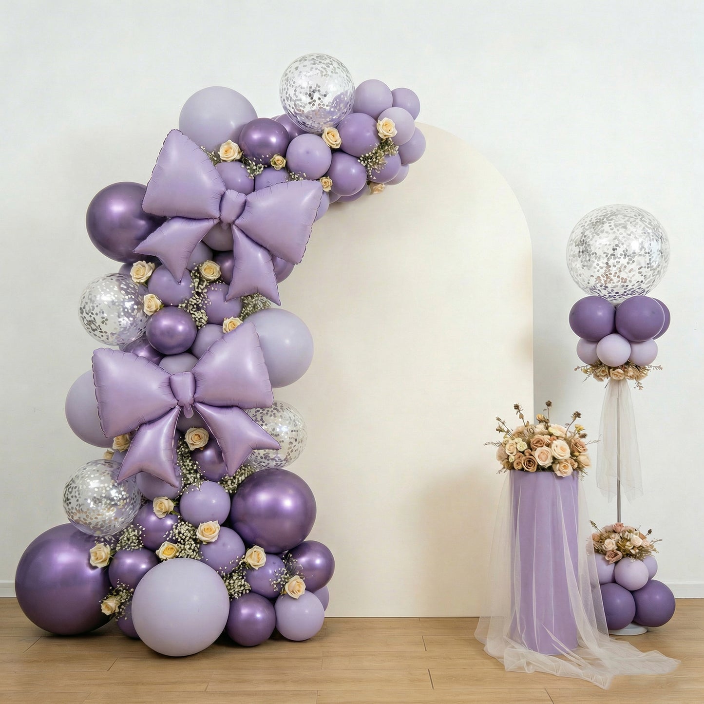 Matte lavender lilac balloons in a decorative party backdrop arrangement.