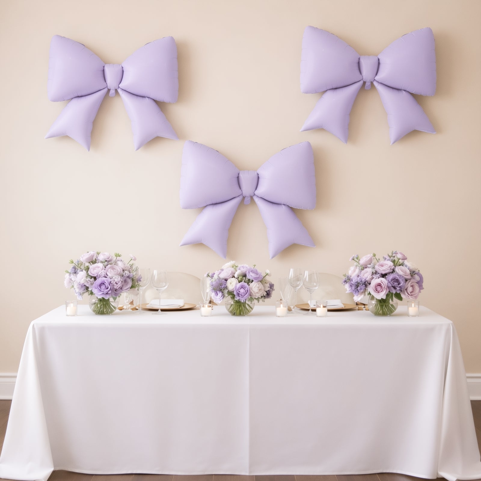 Matte lavender lilac decorative foil bow balloons for event styling.